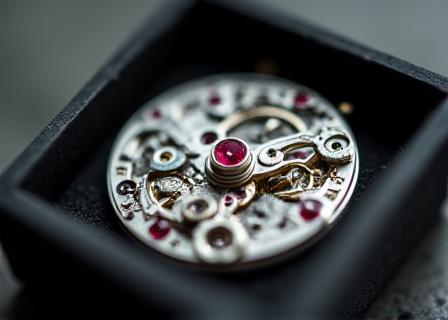 Macro shot of a miniature horological art piece in a shadow box