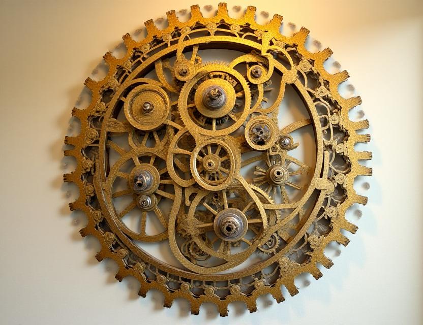 Ornate gear-based wall art in polished brass